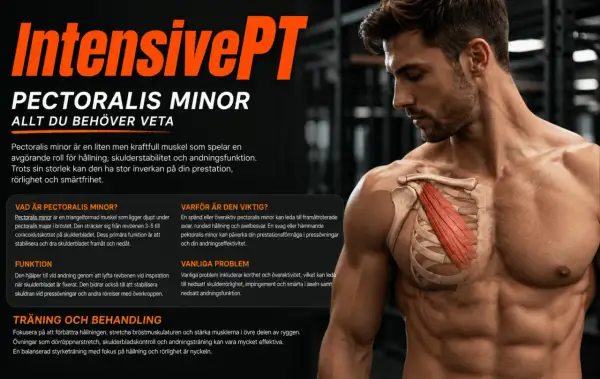 Muskeln pectoralis minor, som kan ge kramp i revbenen, visas på en man. Texten förklarar dess funktion och vikten av träning.