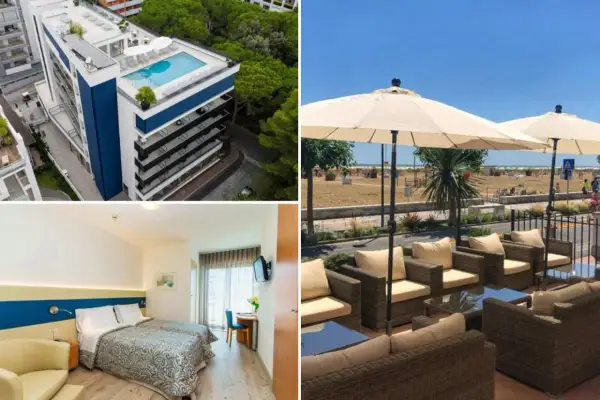 Hotel z basenem na dachu i pokojem blisko plaży w Bibione. Idealne miejsce na wakacje.