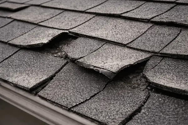 Damaged shingle construction on a roof shows lifted and cracked shingles, revealing the underlayment and potential water damage.