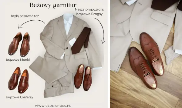 Beżowy garnitur i propozycje brązowych butów: Monki, Loafersy i Brogsy. Idealne jakie buty do beżowego garnituru.