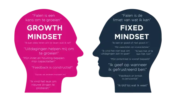 Twee profielen, één met 'Growth Mindset' en positieve quotes, de ander met 'Fixed Mindset' en beperkende overtuigingen.