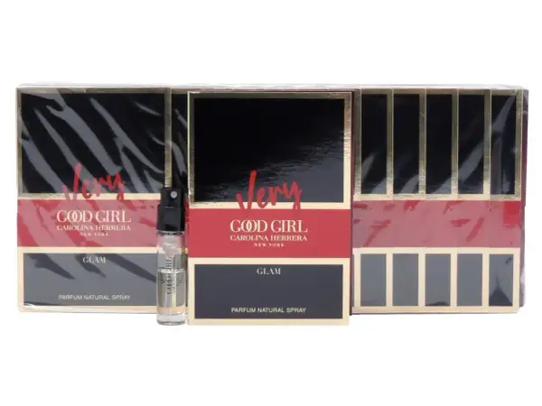 Zestaw próbek perfum Good Girl Carolina Herrera w wersji Glam. Eleganckie opakowania z czarnymi i czerwonymi akcentami.