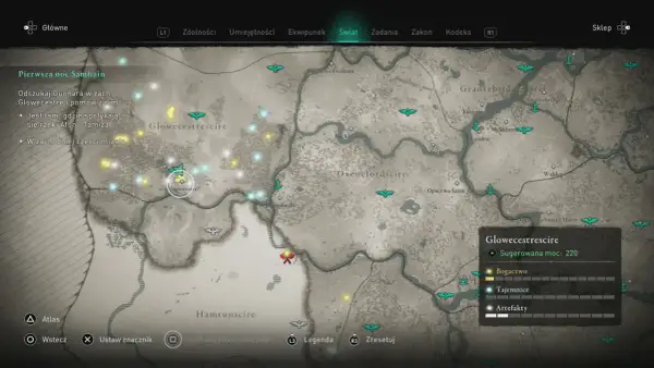Mapa z gry Assassin's Creed Valhalla. Poradnik pokazuje lokację Glowecestre w regionie Glowecestrescire, gdzie należy odszukać Gunnara.