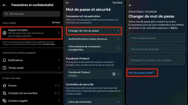 Paramètres pour changer de mot de passe et récupérer un compte. Aide pour comment supprimer un compte Insta.