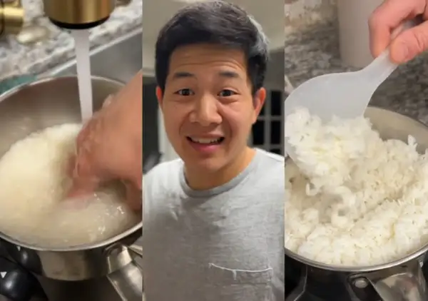 Hombre sonriente mostrando cómo lavar arroz para un delicioso arroz chino venezolano.