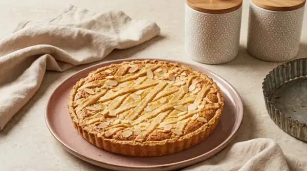 Une délicieuse tarte à la ricotta sucrée, garnie d'amandes effilées et d'une croisade de pâte dorée, prête à être dégustée.