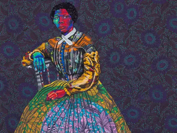 Vibrant portrait of a woman by contemporary black artists, her skin a mosaic of bold colors against a patterned background.