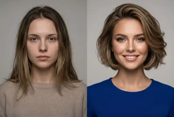Przed i po: metamorfoza z naturalnego wyglądu do olśniewającej fryzury z efektem face framing, podkreślającej rysy twarzy.