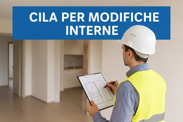 Operaio con casco e giubbotto alta visibilità esamina progetto per modifiche interne senza autorizzazione.