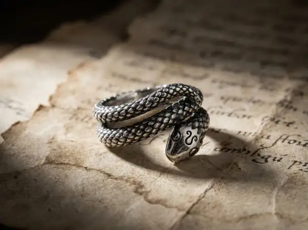 Anillo de plata con forma de serpiente enroscada, con detalles escamados y cabeza adornada.