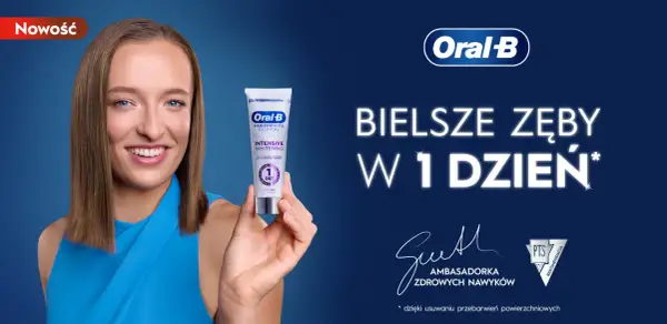 Uśmiechnięta kobieta prezentuje pastę Oral-B Pro 3D White, najlepszą pastę na przebarwienia zębów, obiecując bielsze zęby w 1 dzień.