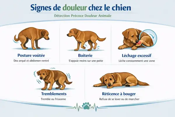 Chien montrant des signes de douleur : posture voûtée, boiterie, léchage excessif, tremblements, réticence à bouger. Ces symptômes peuvent indiquer un mal de la truie.