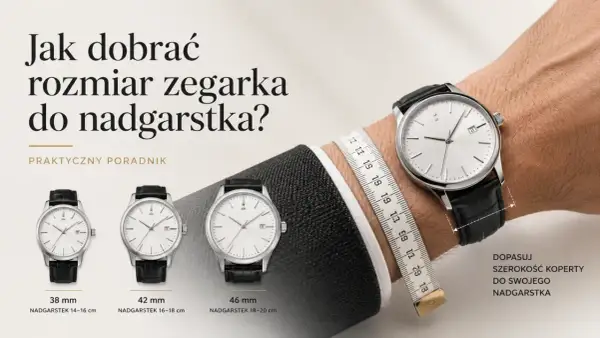 Trzy zegarki o różnych średnicach kopert (38 mm, 42 mm, 46 mm) pokazują, jak dobrać rozmiar zegarka do nadgarstka. Miarka krawiecka mierzy obwód.