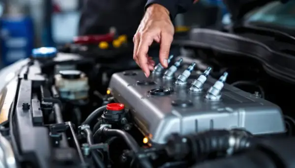 Mécanicien vérifiant les bougies d'allumage d'un moteur essence. Si votre voiture broute en roulant, cela peut venir de là.