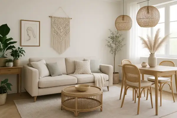 Un salón acogedor con sofá beige, mesa de centro de ratán y detalles de macramé, creando un ambiente de casa boho chic.
