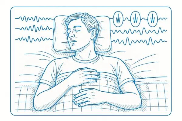 A man sleeps with his hands on his chest, while brainwave patterns above him indicate sleep fragmentation.