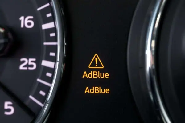 Tableau de bord d'une voiture affichant un voyant AdBlue allumé, signalant un problème avec le système AdBlue.