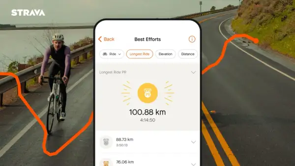 Aplikacja Strava pokazuje rekordowy dystans 100.88 km na rowerze.
