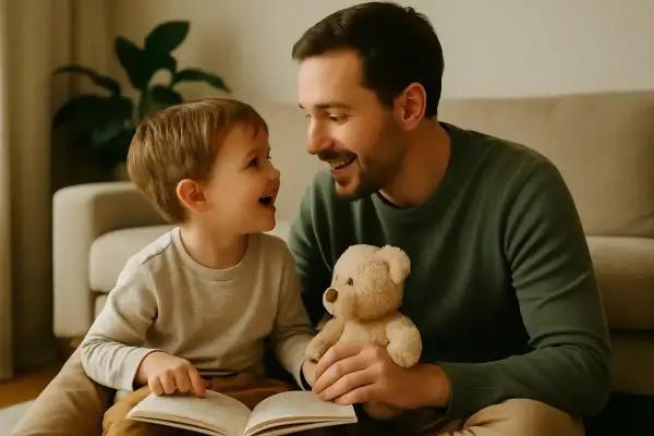 Padre e figlio leggono un libro, un modo per stimolare il linguaggio nei bambini. Il piccolo sorride, tenendo un orsacchiotto.