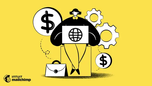 Illustrazione stilizzata di una persona con un laptop che mostra il globo, ingranaggi e simboli del dollaro, che rappresenta il **business purpose** globale e la crescita finanziaria.