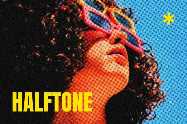 A person with curly hair wears colorful sunglasses, with a comic book effect photoshop style. The word "HALFTONE" is in yellow text.