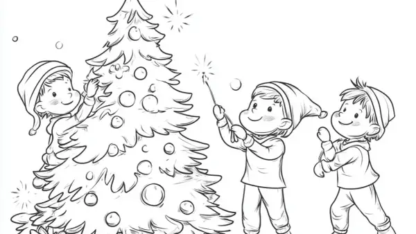 Drei Kinder schmücken einen Weihnachtsbaum mit Sternspritzern und Kugeln.