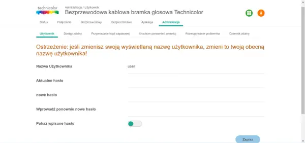 Zmiana hasła technicolor CGA2121. Ekran administracji bramki Technicolor, gdzie można zmienić nazwę użytkownika i hasło.
