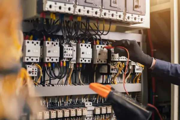 Main électrique d'une maison neuve, un technicien vérifie les connexions. Un devis électricité est essentiel pour ce type d'installation.