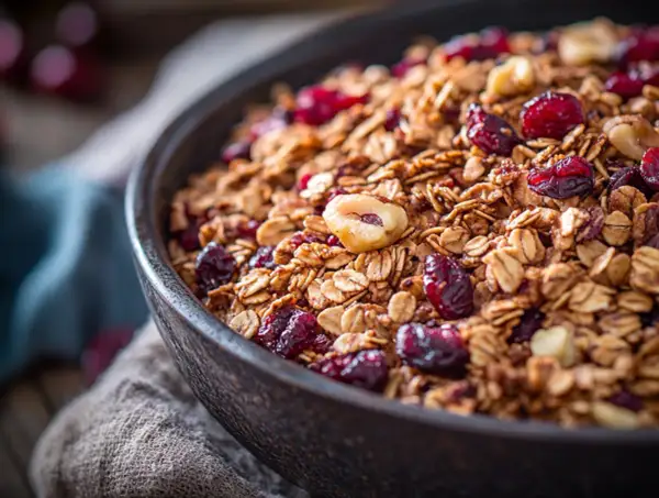 En skål med hemmagjord granola, full av havregryn, nötter och torkade tranbär. Perfekt för en hälsosam frukost.