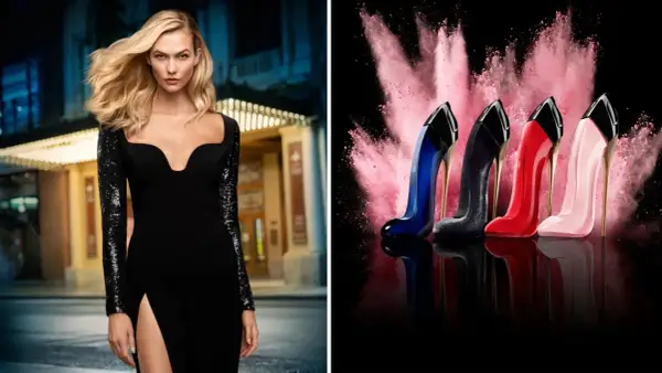 Karlie Kloss w czarnej sukni obok flakonów perfum Herrera w kształcie szpilek.