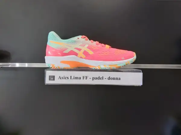 Scarpa da padel Asics Lima FF donna, con tomaia rosa vivace e dettagli azzurri e arancioni.