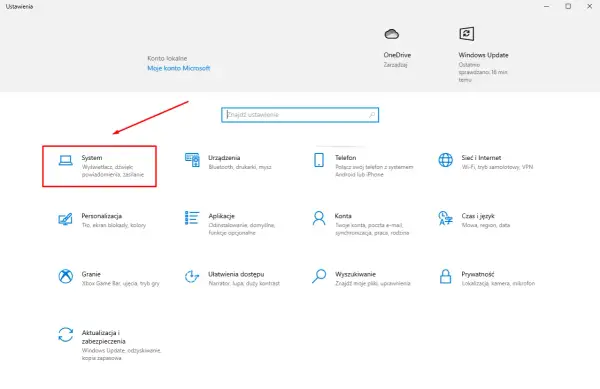 Ekran ustawień Windows. Kliknij "System", aby dowiedzieć się, jak sprawdzić model laptopa.