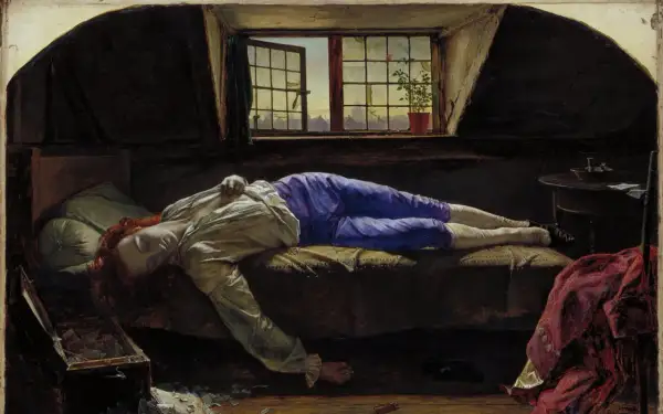 A young man lies in repose, a scene reminiscent of sad Renaissance paintings. His eyes are closed, his body still, as if in a deep sleep. The room is dimly lit, with a single window offering a glimpse of the outside world.