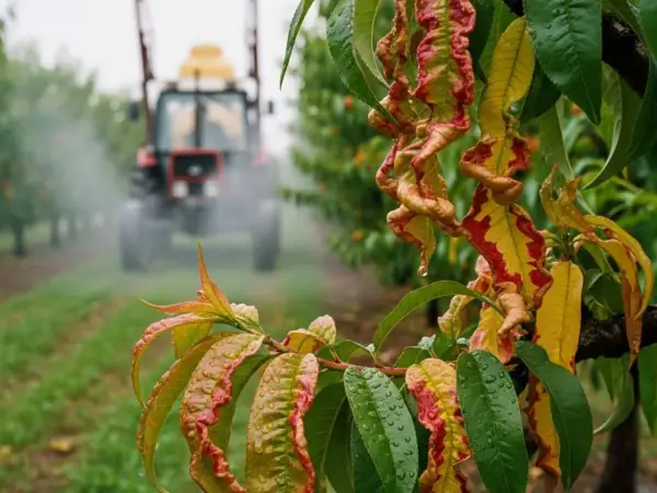 Oprysk na brzoskwinie w sadzie. Traktor w tle rozpyla środek, a na pierwszym planie widać chore, pofałdowane liście brzoskwini.
