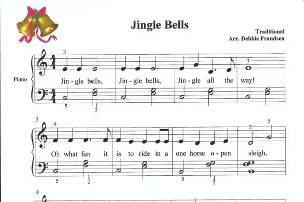 Nuty do "Jingle Bells" na fortepian, z dzwoneczkami w tle.