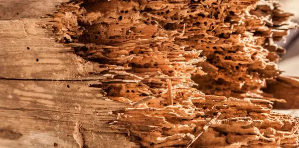 Legno scavato da un tarlo insetto, con gallerie e buchi che ne rivelano la distruzione.