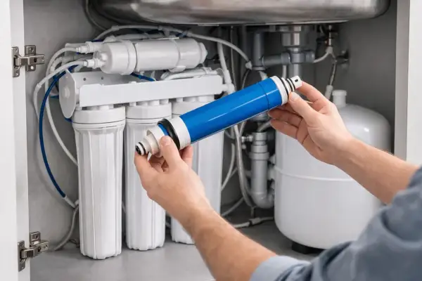 Main bleue d'un système d'osmose inverse, prête à être installée. L'entretien de la membrane osmoseur garantit une eau pure.