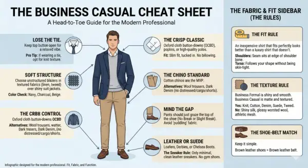 Guida al look **business casual**: blazer blu, maglia grigia, chino beige e mocassini marroni.