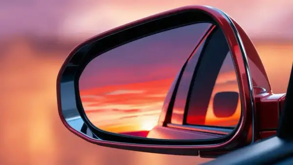 El retrovisor lateral, que es obligatorio, refleja un atardecer vibrante.