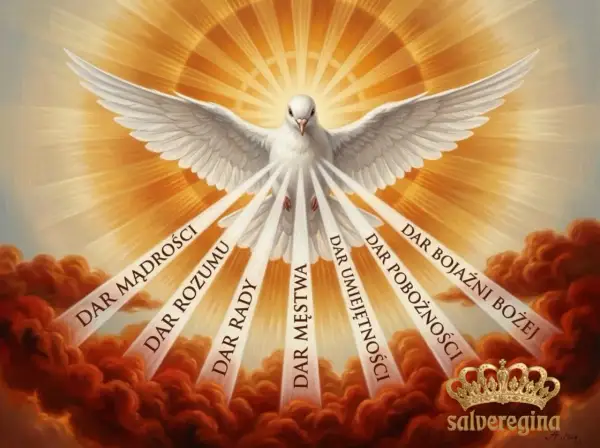 Biały gołąb z rozpostartymi skrzydłami, z którego wychodzą promienie światła z darami Ducha Świętego. To obraz amazing grace.