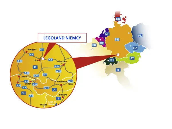 Mapa Europy z zaznaczonymi krajami i trasami dojazdu do LEGOLAND NIEMCY. Widoczny powiększony fragment z miastami Stuttgart, Ulm, Monachium, Zurych, Innsbruck i Bolzano.