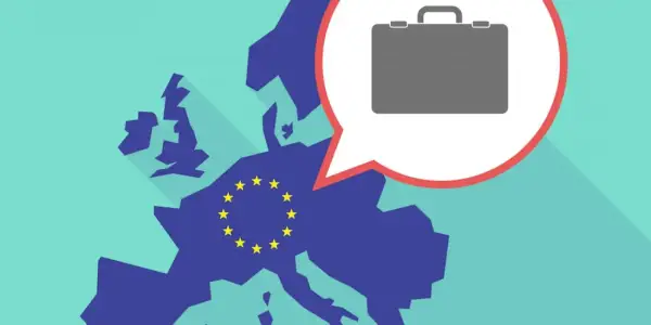 Mapa Europy z gwiazdami UE i dymkiem z walizką, symbolizującą handel i inwestycje, np. w ramach Euro Stoxx 50.