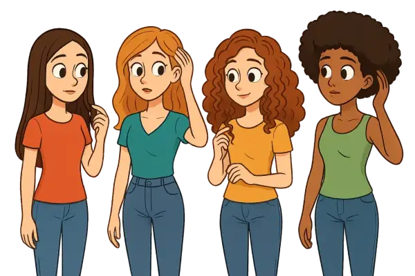 Cuatro chicas con diferentes tipos de cabello: liso, ondulado, rizado y afro. ¿Cómo saber qué tipo de pelo tengo? Test.