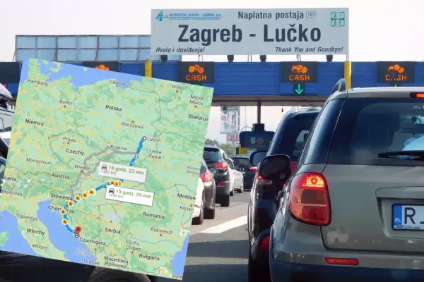 Mapa z trasą do Medjugorie, widok na bramki autostradowe w Zagrzebiu. Najlepsza trasa do Medjugorie prowadzi przez Słowenię i Chorwację.