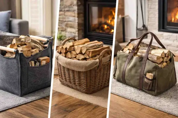Praktische Körbe und Taschen zum brennholz neben kamin lagern. Gemütliche Atmosphäre mit brennendem Kamin im Hintergrund.