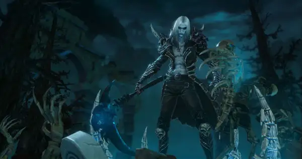 Mroczny nekromanta z Diablo 2, z kosą i szkieletami, gotowy do walki.