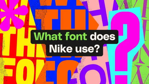 Bold, colorful letters and shapes form a vibrant background. A black speech bubble asks, "What font does Nike use?