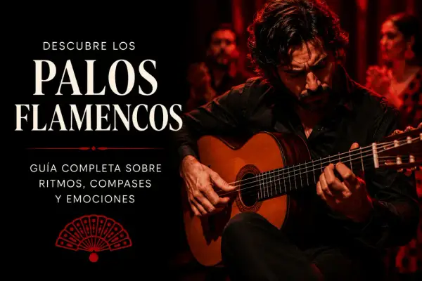 Hombre tocando guitarra flamenca, con público aplaudiendo al fondo. Guía completa sobre ritmos, compases y emociones del estilo flamenco.