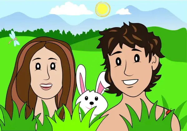 Adam en Eva, met een konijn en lieveheersbeestje, in een paradijselijke tuin.