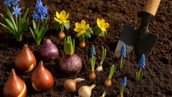 Wiosenne kwiaty i cebulki ozdobne, gotowe do sadzenia. Wśród nich tulipany, hiacynty, szafirki i zimowity.
